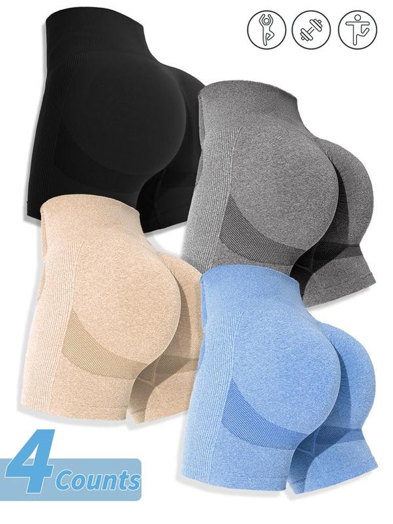 Women'S Multicolor Solid High Waist Sports Gym Shorts, Spring Seamless High Stretch Comfortable Breathable Tummy Control Gym Workout Running Yoga Shorts, Ladies Sportswear Clothing, Summer Clothes Women