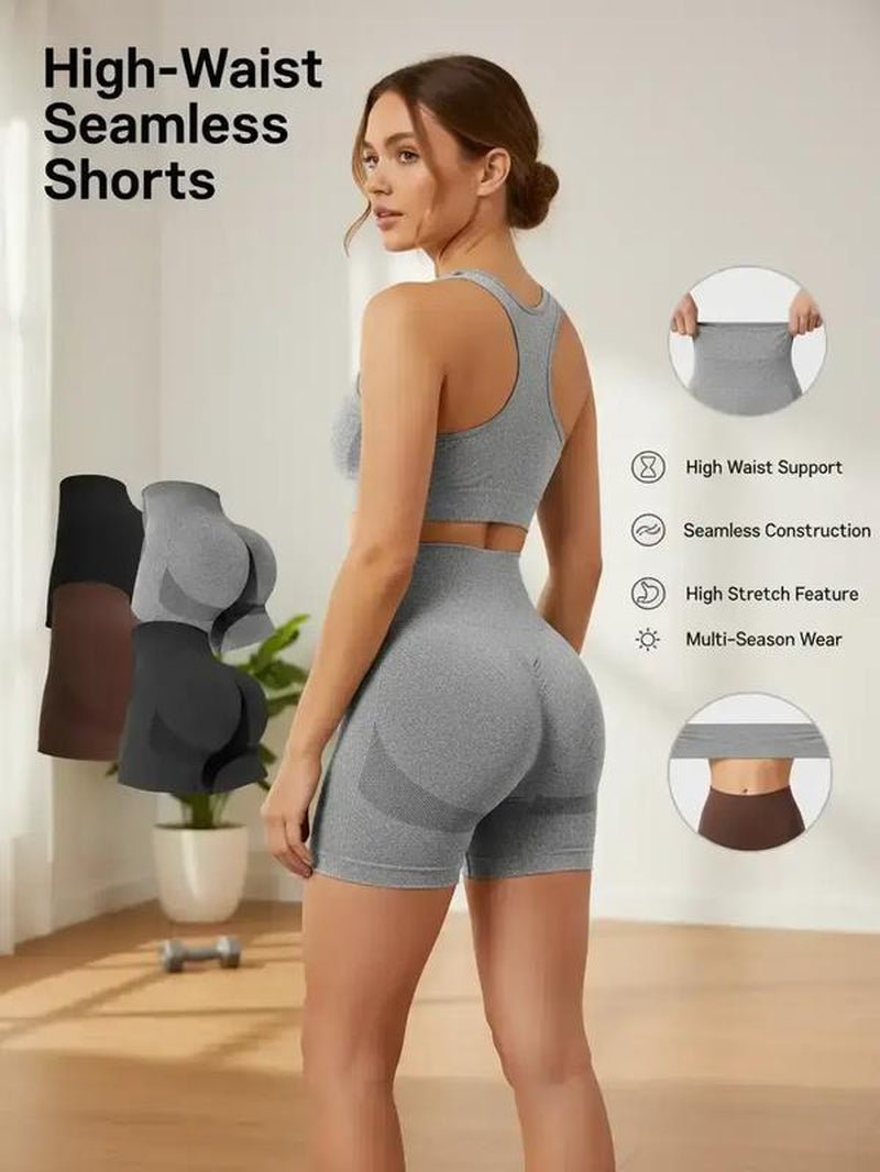 Women'S Multicolor Solid High Waist Sports Gym Shorts, Spring Seamless High Stretch Comfortable Breathable Tummy Control Gym Workout Running Yoga Shorts, Ladies Sportswear Clothing, Summer Clothes Women