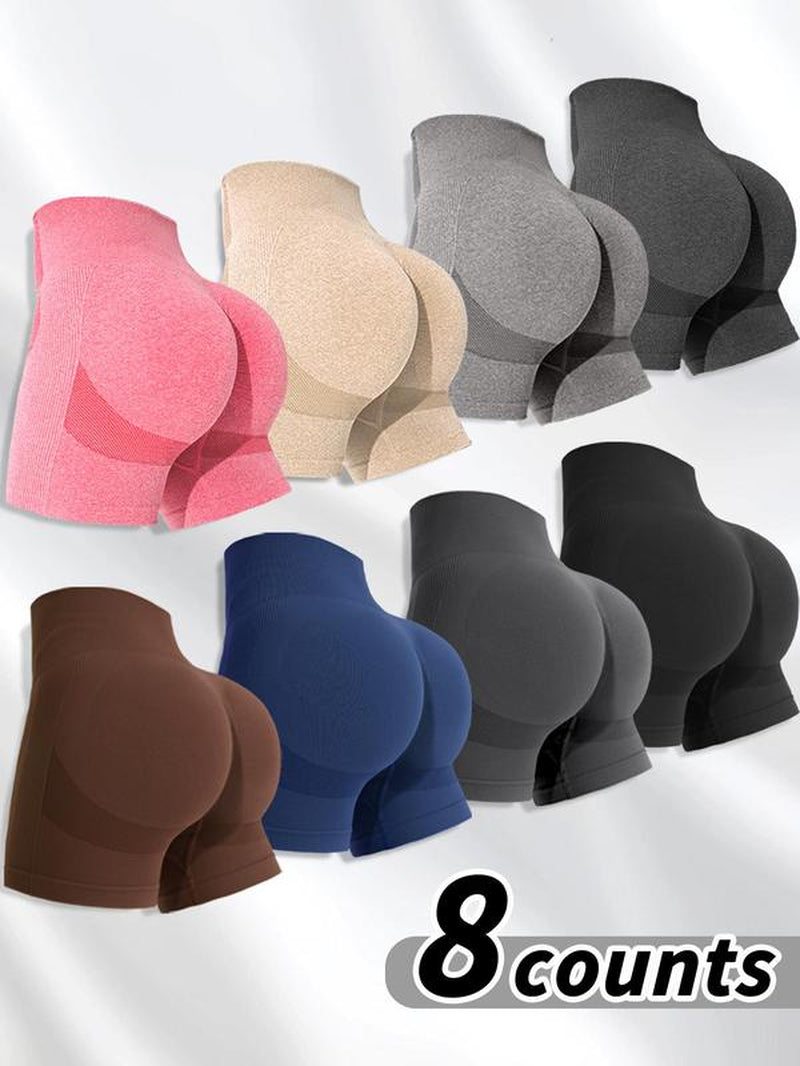 Women'S Multicolor Solid High Waist Sports Gym Shorts, Spring Seamless High Stretch Comfortable Breathable Tummy Control Gym Workout Running Yoga Shorts, Ladies Sportswear Clothing, Summer Clothes Women